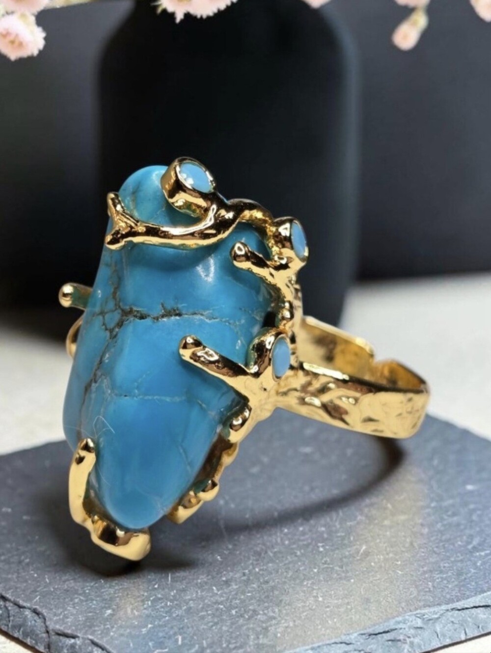 Divine 18k Gold Plated Genuine Persian Turquoise Caged Crystal Oversized Ring